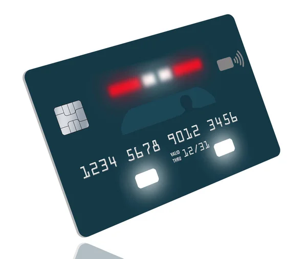 赤色のライトが付いている警察車はクレジット カード詐欺およびクレジット カードの盗難についての3D図の一般的なクレジット カードを飾ります — ストック写真