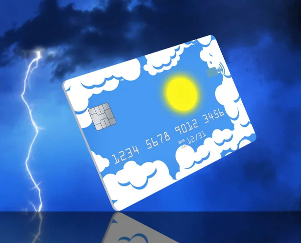 A credit card or debit card decorated with white clouds and a bright yellow sun is seen in front of a storm and lightning. This is a 3-d illustration about using credit to get thru rainy days.