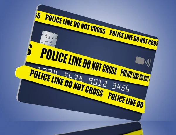 Police crime scene tape, yellow tape, is stretched over a credit card or debit card in a 3-d illustration about credit card fraud and credit card theft.