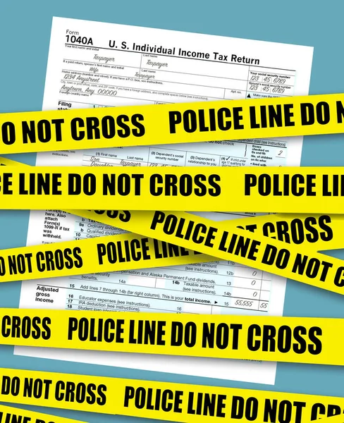 Федеральний Податок Прибуток Сша 1040 Розглядається Позаду Стрічки Поліцейських Злочинів — стокове фото