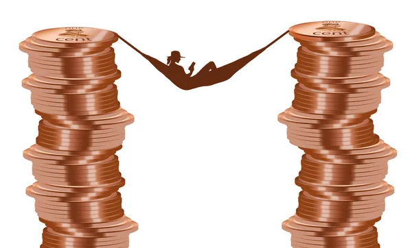 Woman Relaxes Hammock Stacks Pennies She Has Saved Her Retirement — Stock Photo, Image