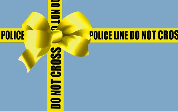 警察の犯罪現場テープは この3Dイラストの上に黄色い弓でギフトパッケージを包んでいるかのように配置されています — ストック写真