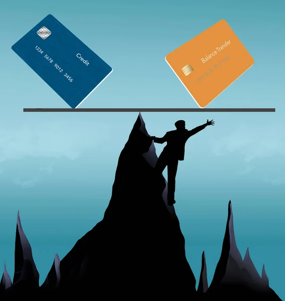クレジットカードと低金利振込クレジットカードは 男性が3Dイラストで転送カードに到達するため 危険なピークでバランスが取れています — ストック写真