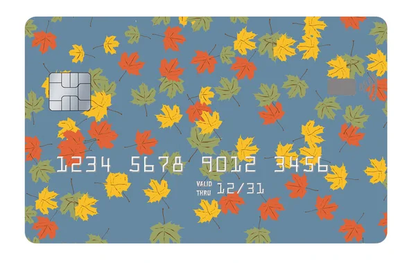 Falling autumn leaves, maple leaves, decorate this credit card or debit card that is isolated on a white background in a 3-d illustration.