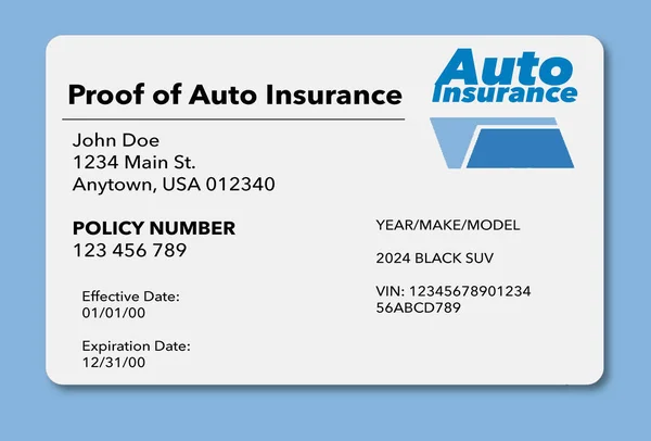 A proof of automobile insurance card that is a mock , generic card is seen in a 3-d illustration. Auto insurance proof.
