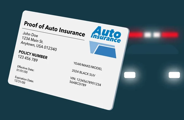 A proof of automobile insurance card that is a mock , generic card is seen with flashing lights of a police car in the background in a 3-d illustration. Auto insurance proof.