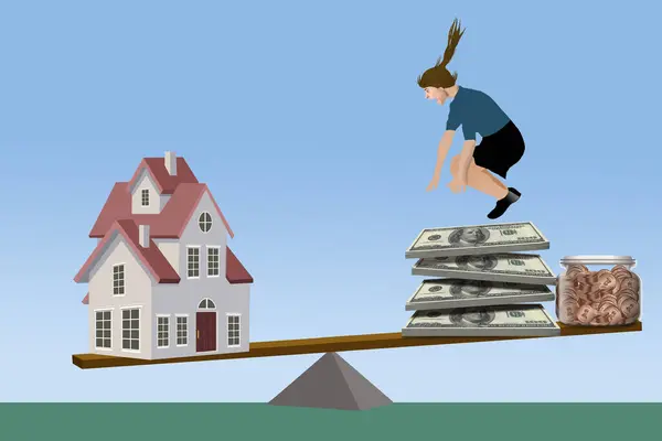 A woman jumps up and down trying to get her money to be able to make a down payment on a home at the other end of a teeter totter, seesaw in a 3-d illustration.