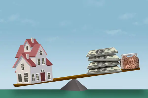 A house on a seesaw, teeter totter,  is heavier than money being saved to buy the house in a 3-d illustration about rising house prices and mortgage interest rates