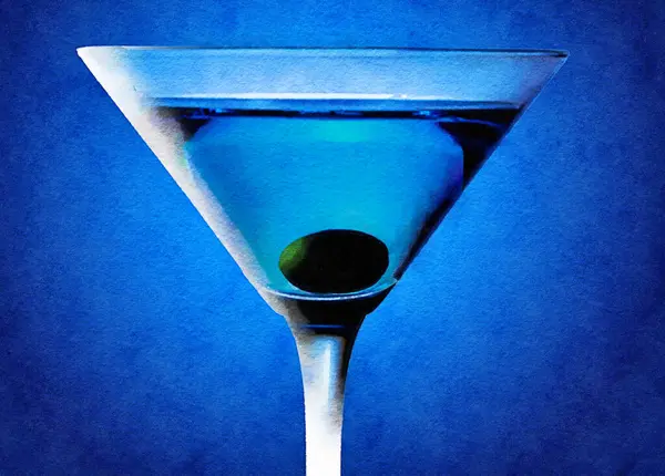 A martini in a martini glass is seen with an olive in a 3d illustration .