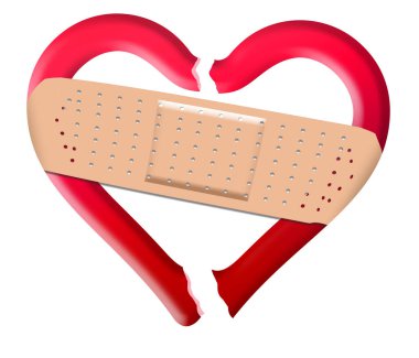 A broken heart begins to heal with the help of an adhesive bandage in a 3-d illustration isolated on a white background. clipart