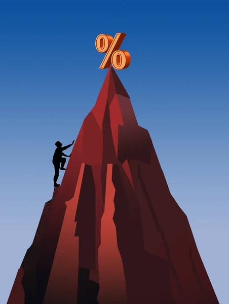 High interest rates are represented with a percentage symbol atop of steep mountain top. A climber is seen headed for the top in this 3-d illustration.