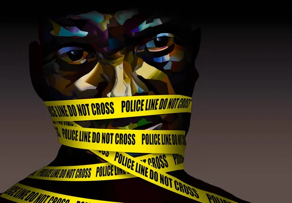 An African American man is silenced by police crime scene tape wrapped around his head. This is a 3-d illustration about