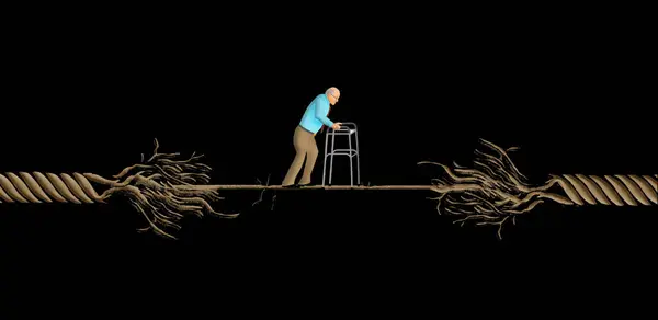 An old man walks over a frayed rope that is about to break in a 3-d illustration about aging.