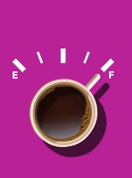 The handle of a cup of black coffee points to full on a dial that emulates a fuel gauge in a car to make the point coffee prepares you for the day. This is a 3-d illustration.