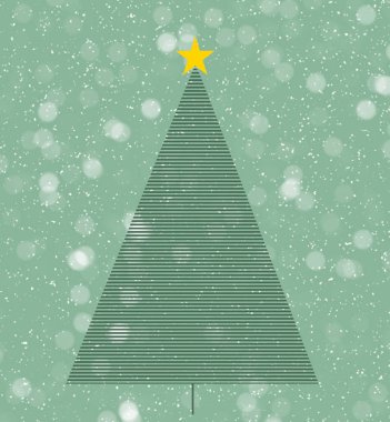 Kar fırtınasında yeşil bir Noel ağacının tepesinde bu tatil illüstrasyonunda altın bir yıldız var. Metin alanı ve kopyalama alanı mevcut.