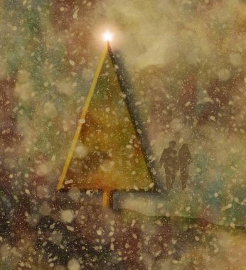 Yeryüzü renginde bir grunge kar fırtınasında bir yılbaşı ağacını uzaktan yürürken gösteriyor. İsa ve dini Noel temasına koyan bir yıldız parlıyor