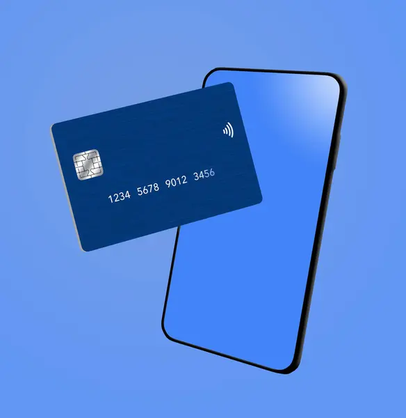 A generic  blue credit card is seen with a modern sleek mobile phone with a blue screen and all on a blue background in a 3-d illustration.