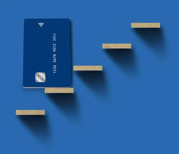 A generic dblue credit or debit card is seen on a small shelf that provides text area or copy space in a 3-d illustration.