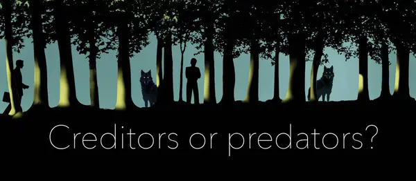 Wolves and businessmen, debt collectors, are seen lurking in the woods in a 3-d illustration about debt collection techniques.