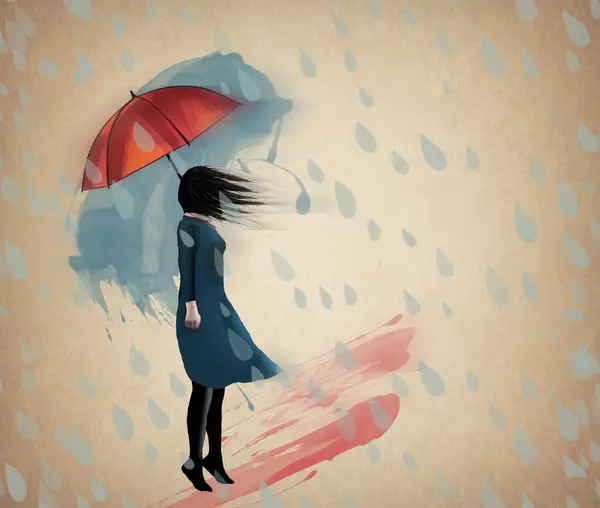 A girl in a watercolor painting is seen with her umbrella in the rain and wind in a 3-d illustration about weather.