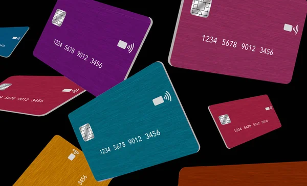 Credit cards or debit cards, 12 of them, are seen floating on a white background in this 3-d illustration.