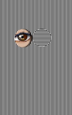 Bir kadının gözü, beyaz bir arkaplanda siyah çizgili bir alanda bir gözetleme deliğinden görülür..