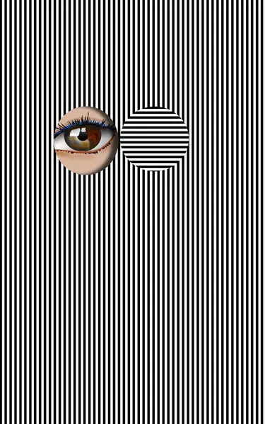 A womans eye is seen through a peep hole in a field of black stripes on a white background in  illustration.