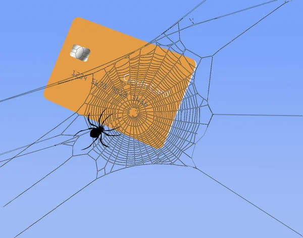 A spiders web captures a generic credit card in aN illustration about feeling trapped by credit card payments and high interest rates.