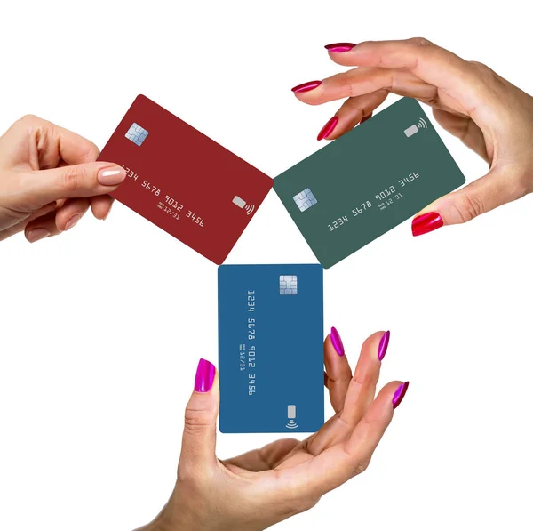 Three hands hold three credit cards in a 3-d illustration about comparing credit card offers.