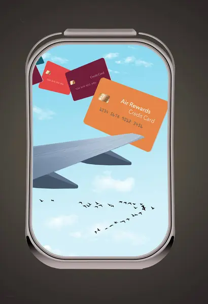 Air miles reward credit cards are seen flying by the window of an airliner in a 3-d illustration.