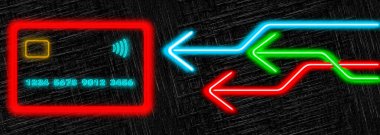 Neon oklar bir banka kartının benzersiz grafik tasvirinde neon bir kredi kartını ya da banka kartını işaret ediyor. Bu 3 boyutlu bir çizim..