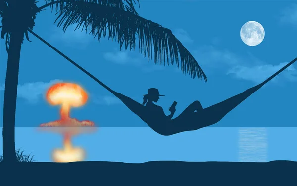 A frightening scenario is pictured as an atomic bomb explodes into a mushroom cloud in the distance as a young woman rests in a hammock in the moonlight on a beach. This is a 3-d illustration.