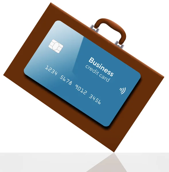 A generic business credit card is seen with a briefcase in a 3-d illustration on a white background.