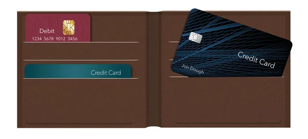 A cashless wallet with debit and credit cards is seen isolated on the background in a 3-d illustration.