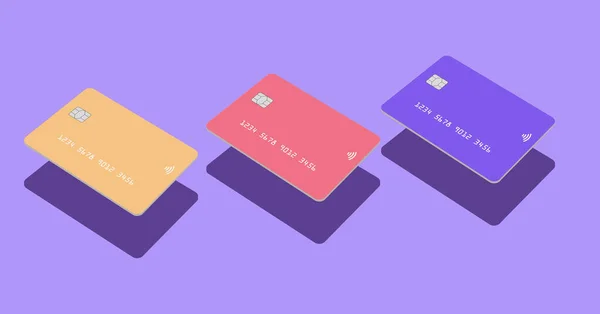 Generic, mock credit cards or debit cards are seen in this 3-d illustration about banking, finance and business