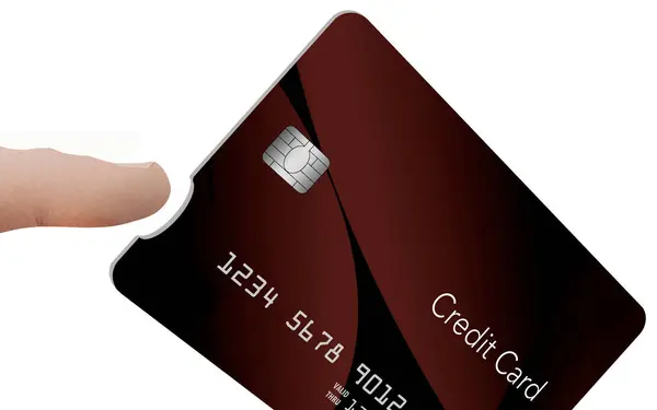 A finger touches a credit card. 3-d illustration about credit cards  with notches to help blind or visually impaired people distinguish between credit and debit cards.