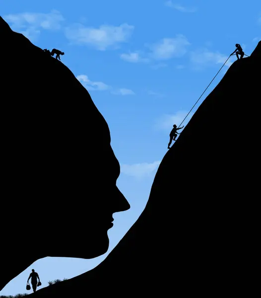 Rock climbers are seen in silhouette climbing rocky terrain and one rock face looks like a human face in this 3-d illustration.