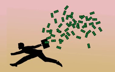 Bir iş adamı, kayıplar ve kötü iş kararlarıyla ilgili bir resimde evrak çantasından para kaybederken görülüyor..