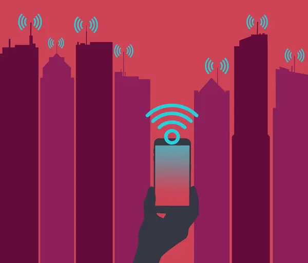 Signals and waves from many sources are transmitted to and from antennas everywhere. Here a cell phone is seen with a cityscape and cell towers in the background in a 3-d illustration.