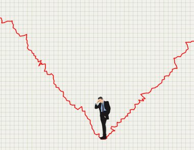 Bir iş adamı, bir yatırımcı, 3 boyutlu bir resimde borsa hareketinin borsa grafiğinde büyük bir düşüş yaşıyor..