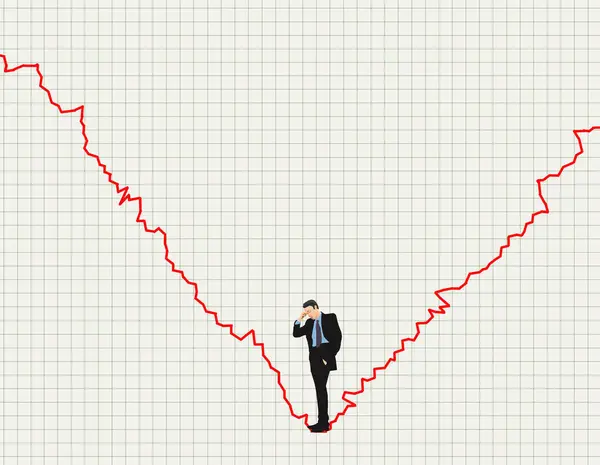 Biznesmen Inwestor Stoi Dużym Spadku Wykresie Giełdowym Górę Dół Ruchu — Zdjęcie stockowe