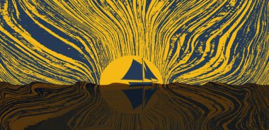 A sailboat at sunset is seen in a simulated woodcut design that is an illustration. clipart