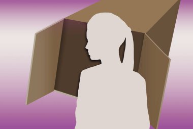 A paper cut silhouette of a young woman is seen with a cardboard shipping  box and plenty of copy space and text area. This is a 3-d illustration for multiple uses. clipart