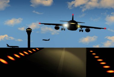 Havaalanı trafiğiyle ilgili 3 boyutlu bir illüstrasyonda bir uçak, alacakaranlıkta ışıkları açık bir şekilde havaalanı pistine yaklaşıyor..
