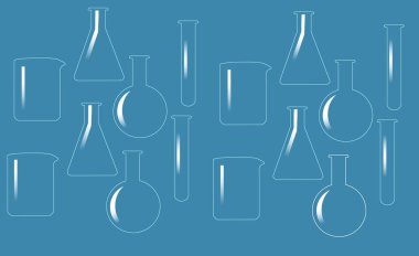 Beherler, mataralar ve test tüpleri içeren laboratuvar vitrinleri grafik arkaplanda görüntülenir.