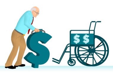 Yaşlı bir adam, yaşlıların sağlık giderlerini anlatan 3 boyutlu bir resimde tekerlekli sandalyeye giderken bir dolar işareti kullanır..