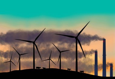 Clean energy wind turbines are seen with smoke from industrial smokestacks in this 3-d illustration. clipart