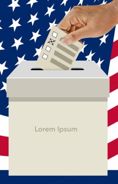 Metin, manşet, logo ya da sanat eserleri için geniş bir alana sahip bir seçim sandığı görülüyor. Kutu bu 3 boyutlu resimde ABD bayraklarında görülüyor..