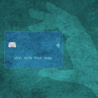 Renkli grunge desenli bir sahnede jenerik bir kredi kartı veya banka kartı görüntülenir.