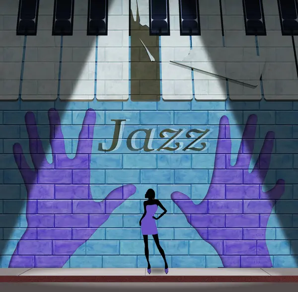 stock image Jazz played so hard it breaks the piano keys is on a sign on a brick wall outside a jazz club at night. A woman stands outside in this 3-d illustration.